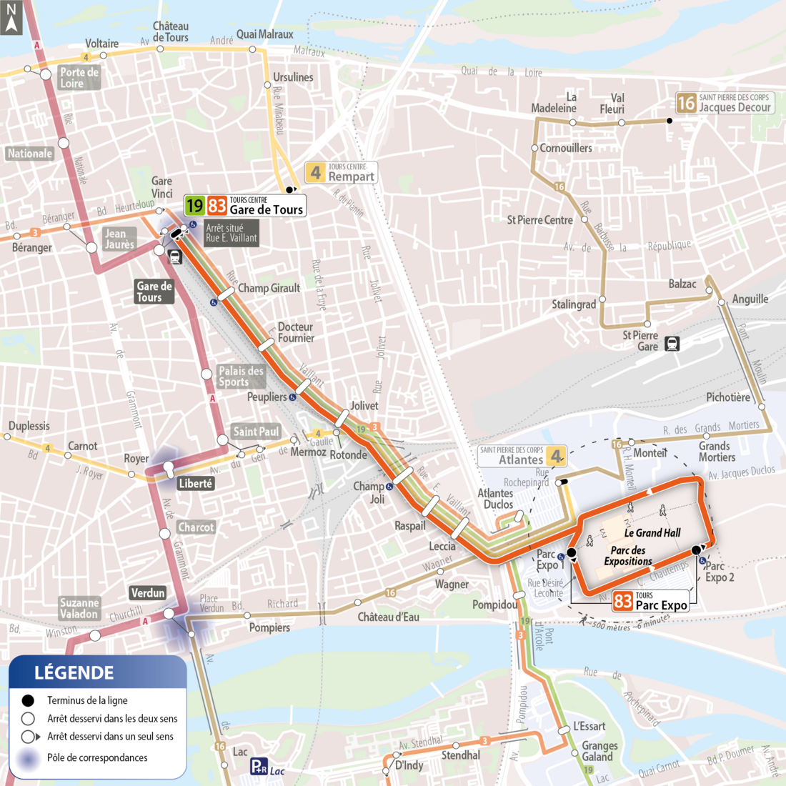Plan de la ligne 83 entre Gare de Tours et Parc Expo